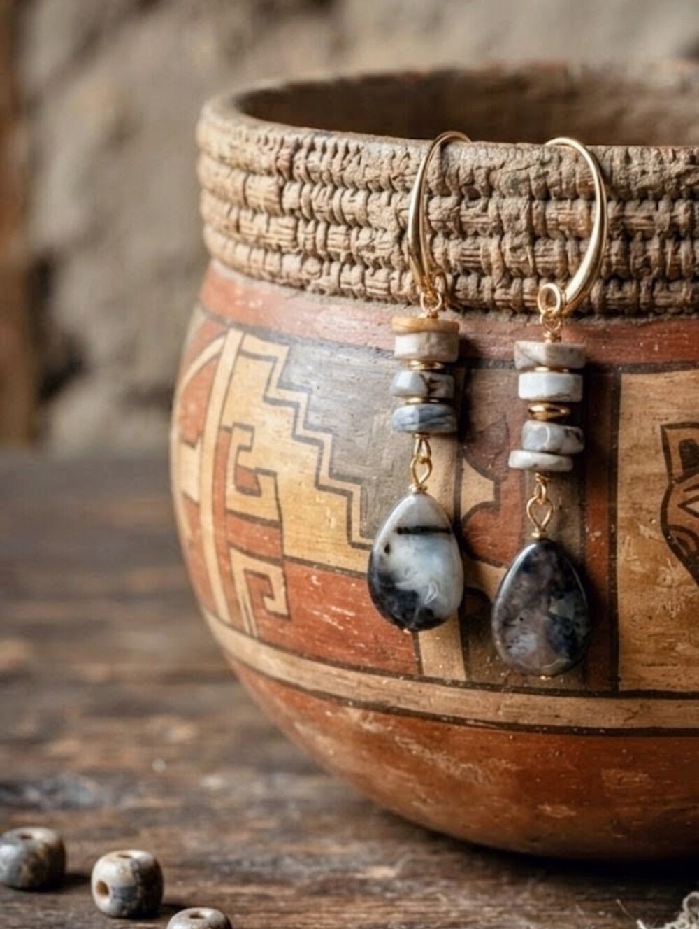Natural Earth Toned Silver Leaf Jasper In Artisan HandMade Gold Plated Earrings